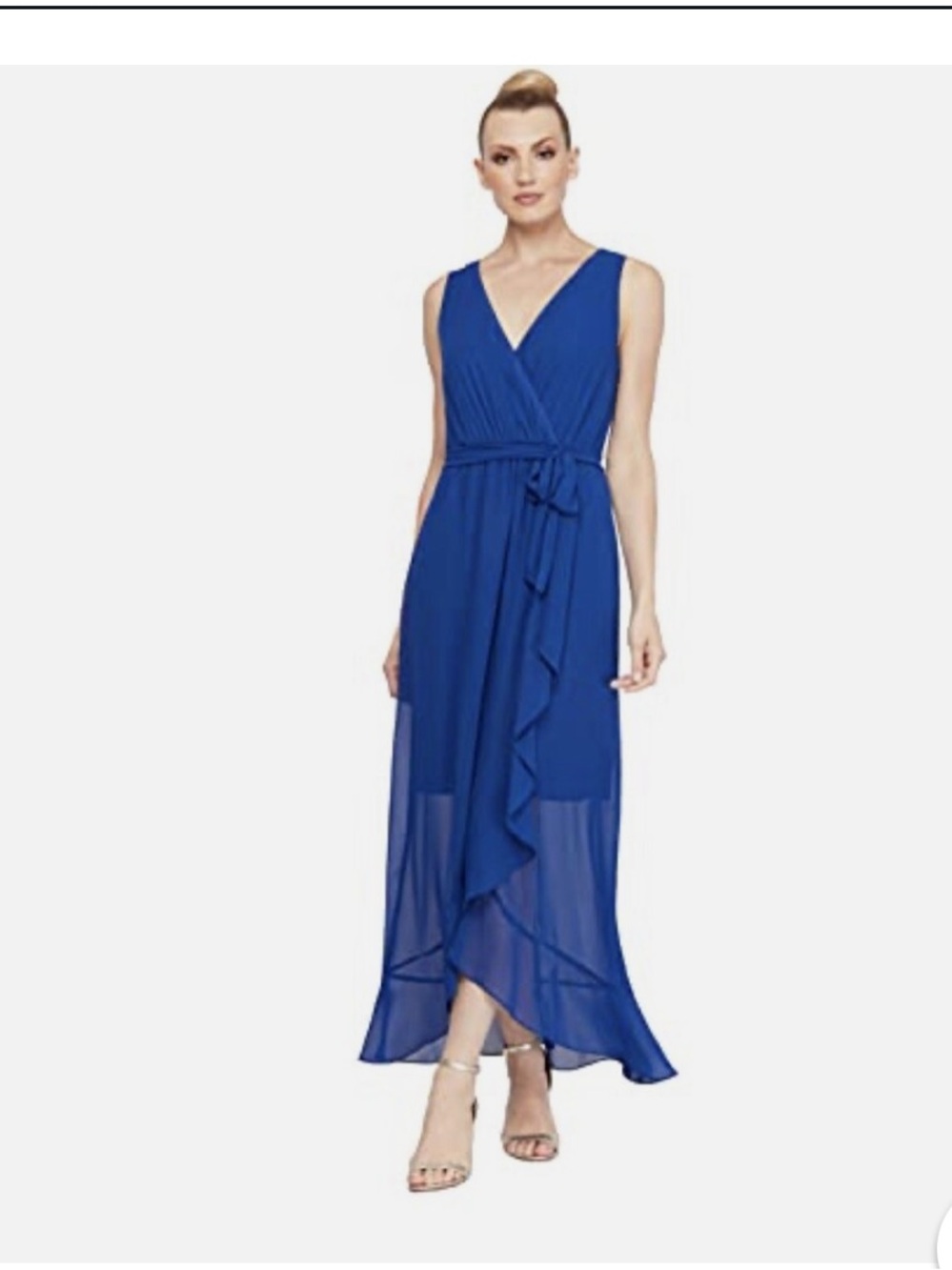 SLNY Royal Blue Sleeveless Maxi Wrap Dress with Tie Waist